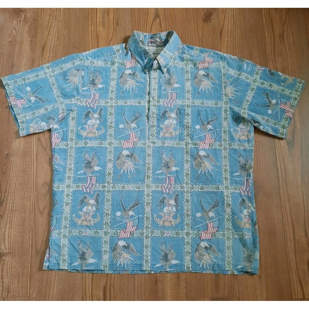 Vtg Reyn Spooner Dietrich Patriotic Hawaiian Shirt Blue Eagle Reverse Print XL